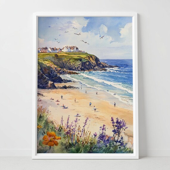 Newquay Cornwall Beach Cliffs Seagulls Coastal Watercolor Wall Art