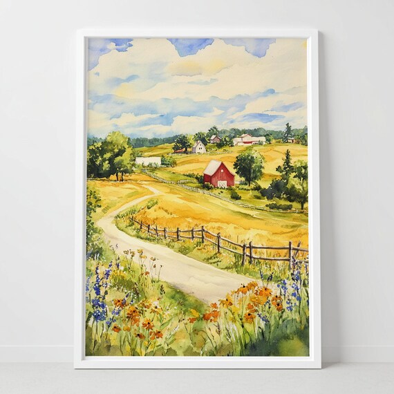 Lancaster Pennsylvania Red Barn Country Road Watercolor Poster