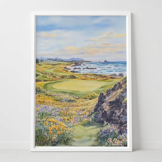 Coastal Golf Links Watercolor Wildflowers Ocean Course Art Poster