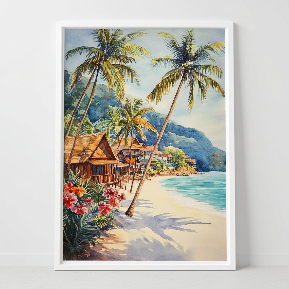 Tropical Beach Watercolor Palm Trees Island Bungalows Ocean Poster