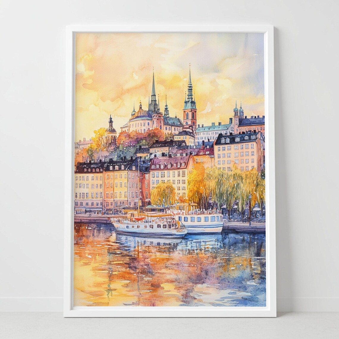 Stockholm Sweden Waterfront Watercolor Print With Gamla Stan Harbor At Sunset