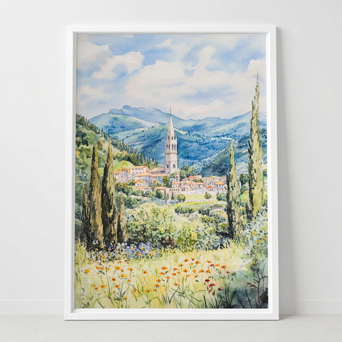 Lourdes France Village Church Spire Cypress Hills Watercolor Poster