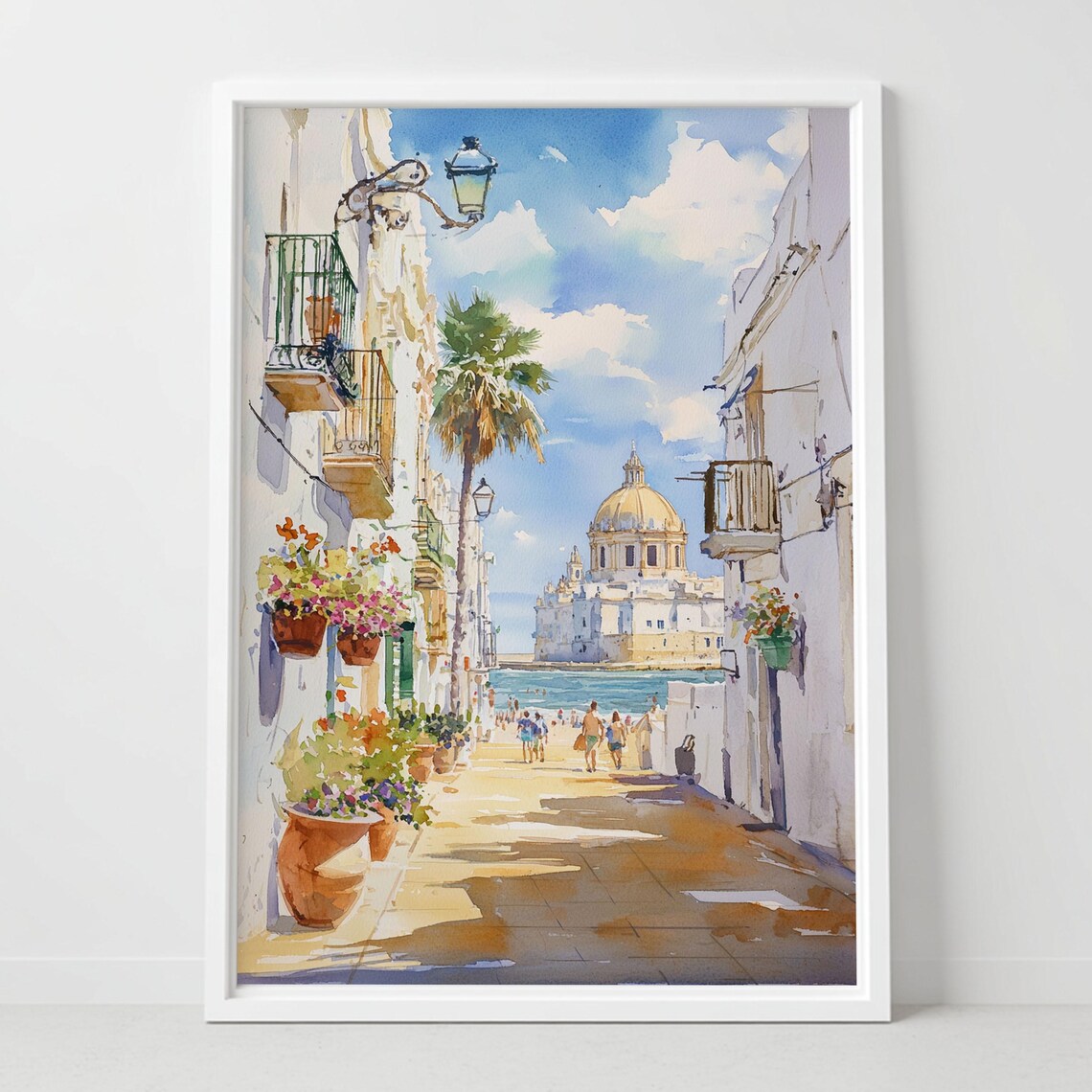 Cadiz Spain Coastal Cathedral Street Old Town Watercolor Poster