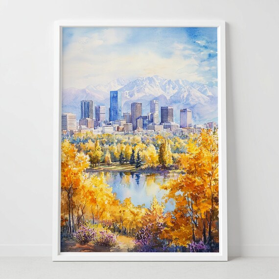 Denver Colorado Skyline Rocky Mountains Autumn Watercolor Poster