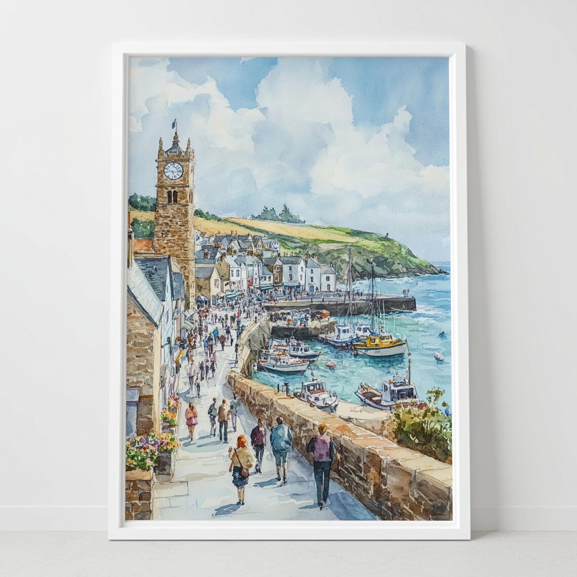 Porthleven Cornwall Harbor Clock Tower Boats Watercolor Poster
