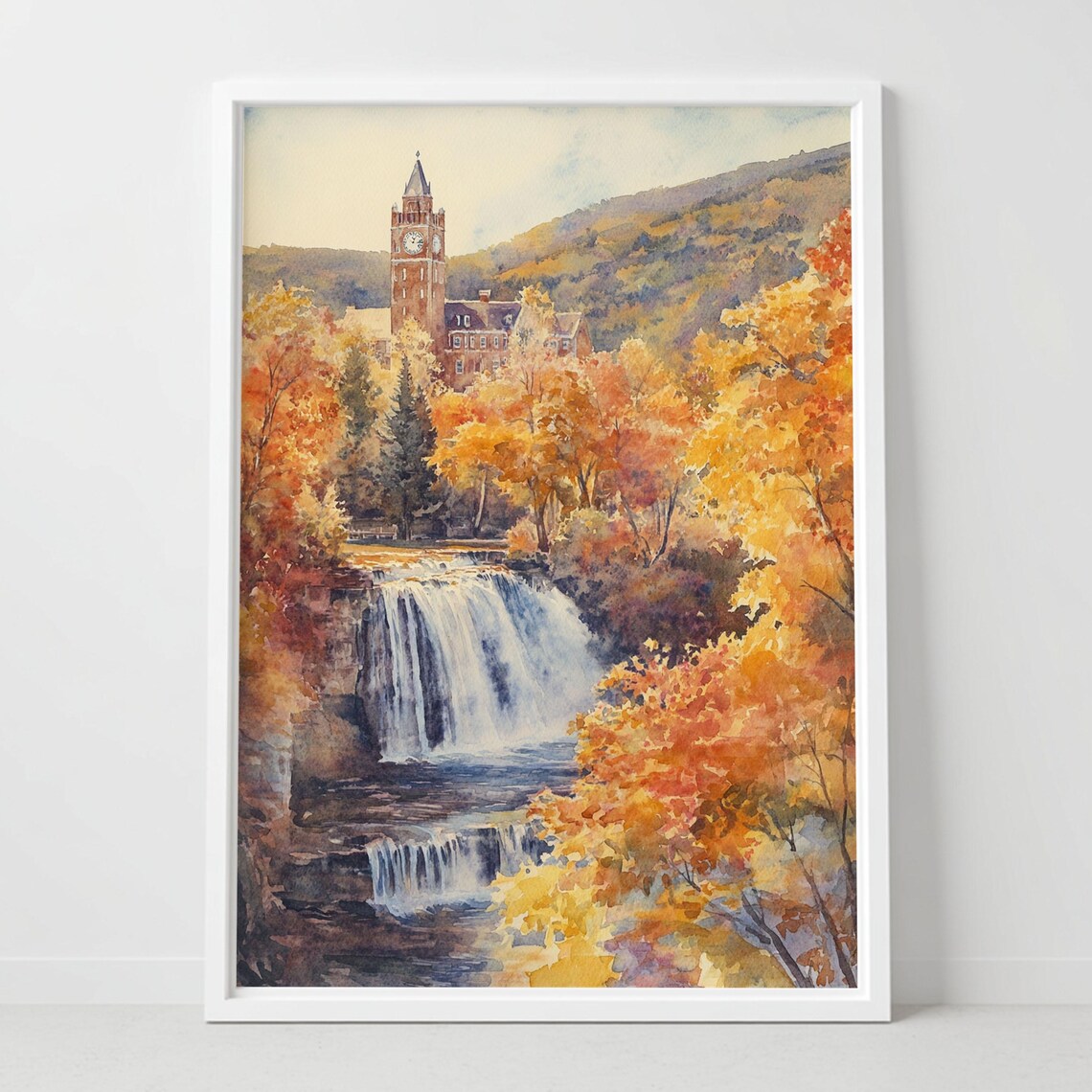 Autumn Waterfall Clock Tower Brick Building Fall Foliage Art Poster