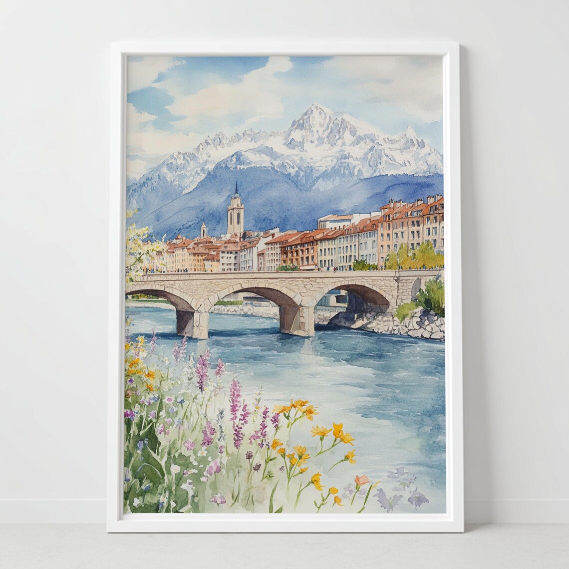 Grenoble France Watercolor Alps Mountain Bridge Old Town Art Poster