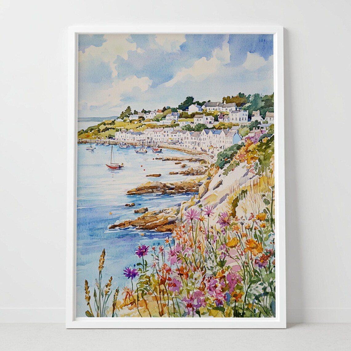 St Mawes Cornwall Harbor Watercolor Print With Sailboats And Wildflowers
