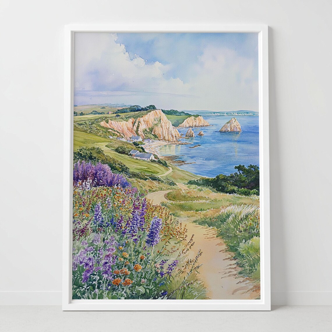 Isle of Wight Coastal Cliffs Wildflowers Path Watercolor Poster