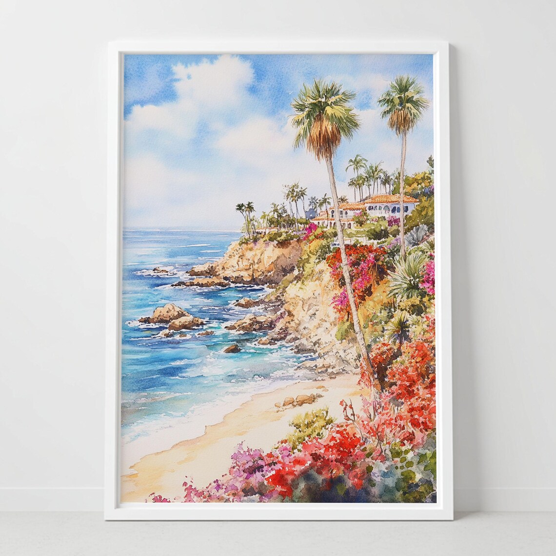 Laguna Beach California Watercolor Poster Coastal Cliffs Palms Art