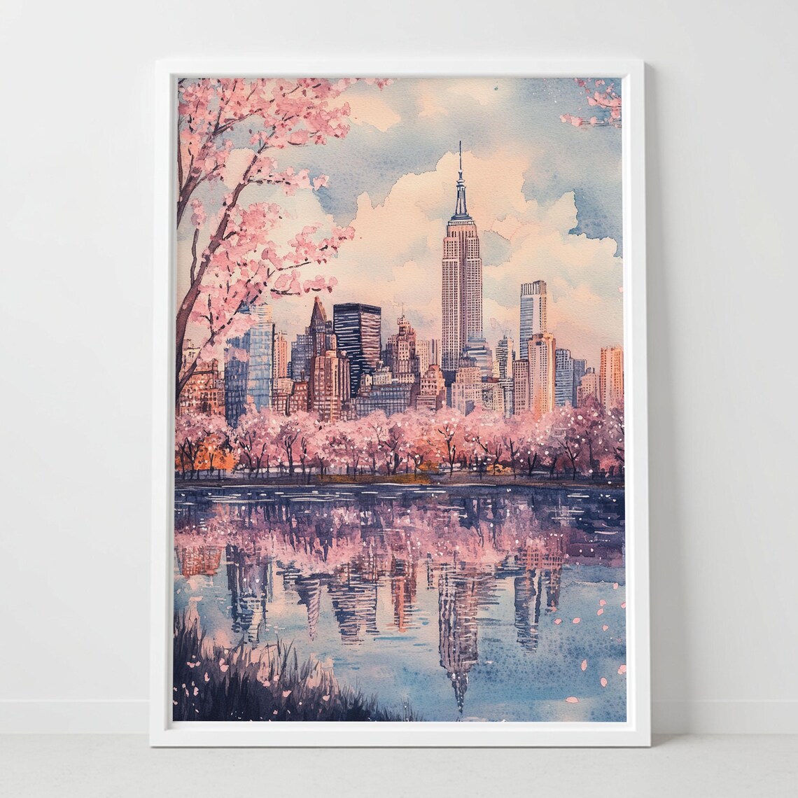 New York City Empire State Building Cherry Blossom Watercolor Poster