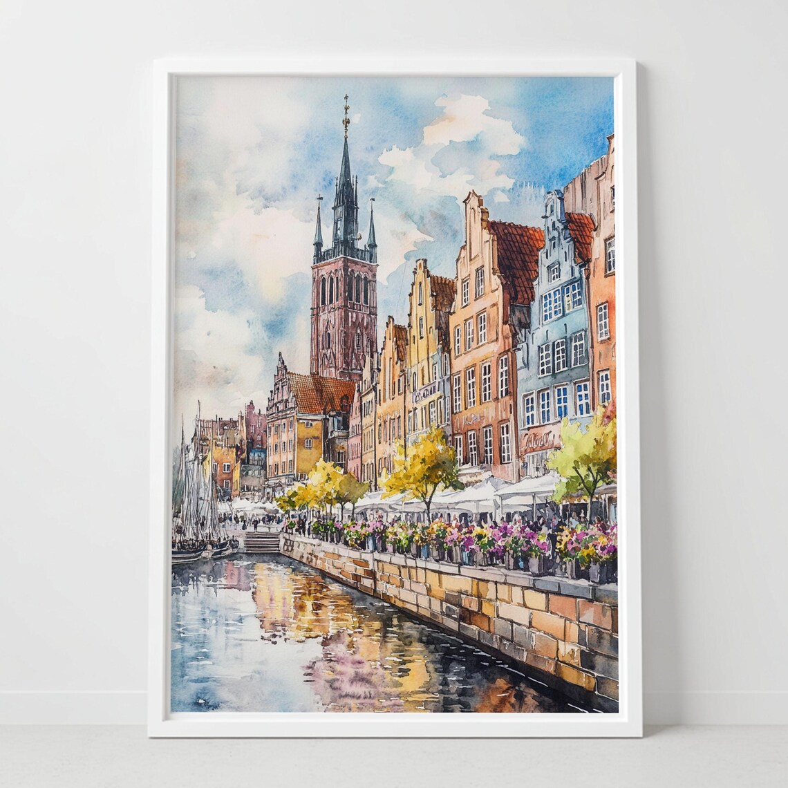 Gdansk Poland Old Town Canal Colorful Houses Watercolor Wall Print