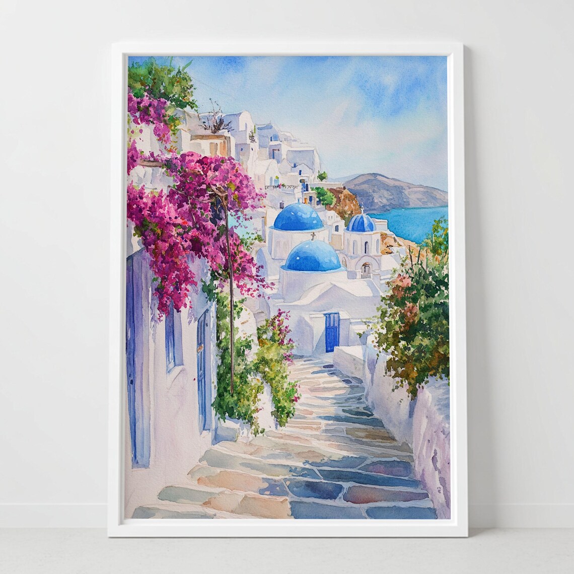 Santorini Blue Domes Bougainvillea Stone Steps Greek Island Art Poster