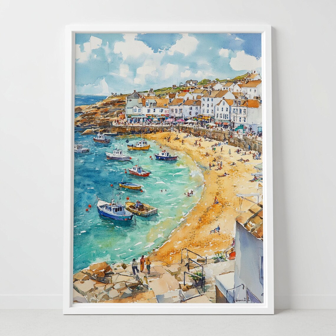 St Ives Cornwall Harbor Watercolor Boats and Beach Scene Poster
