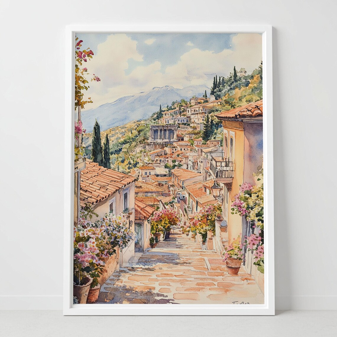 Taormina Italy Hill Town Greek Theatre Flowers Watercolor Poster