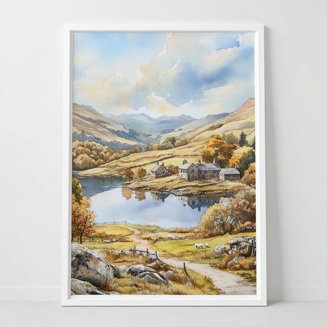 Autumn Lakeside Watercolor Stone Farmhouse Sheep Fell Poster