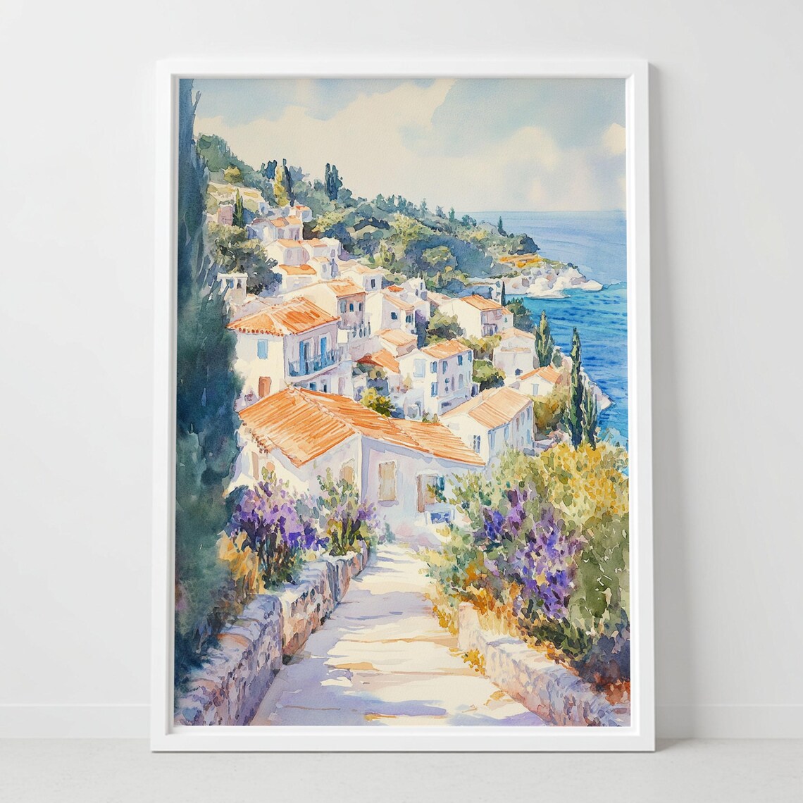 Paxos Greece Watercolor Poster Island Village Sea View Travel Art