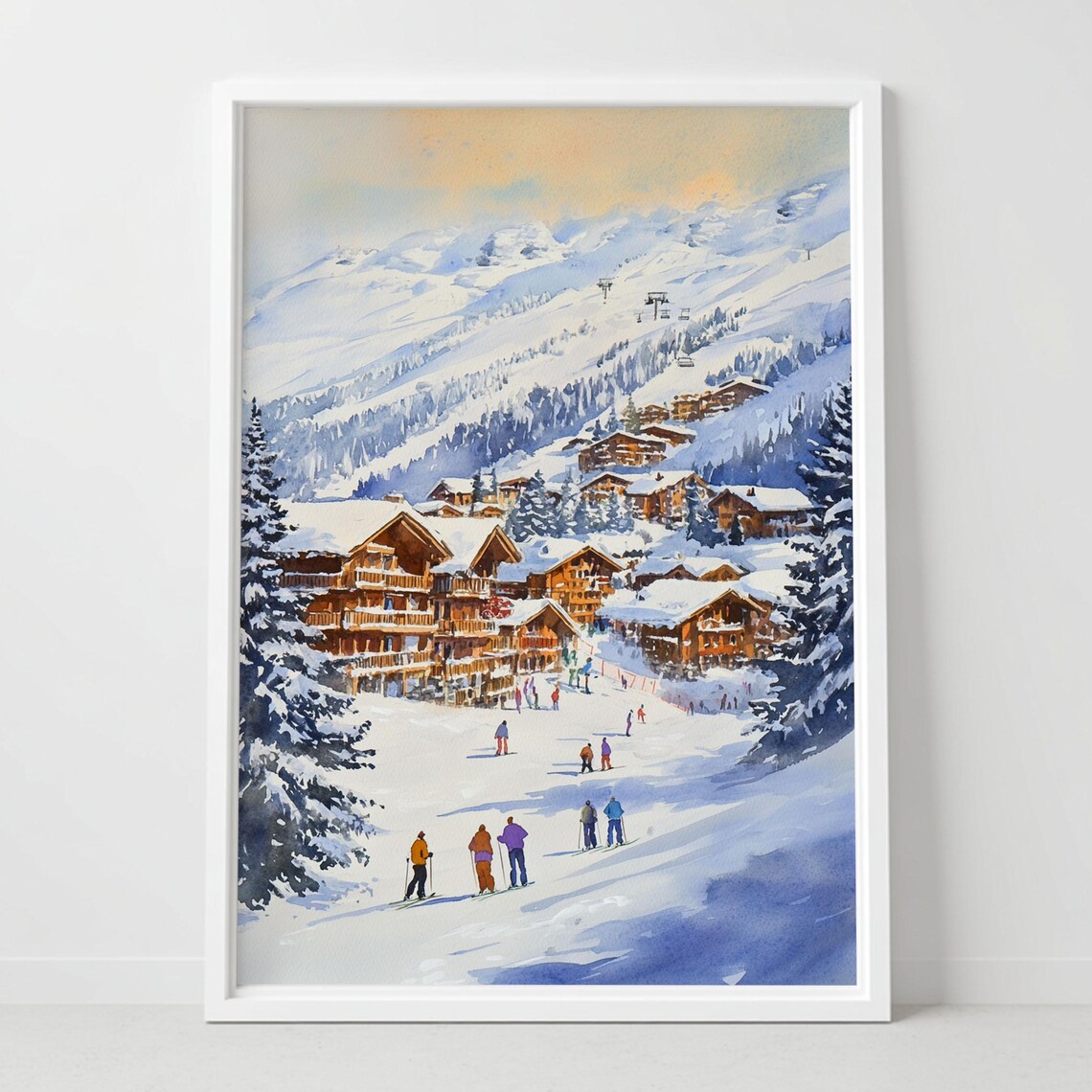 Alpine Ski Village Watercolor Snowy Mountain Chalets Winter Poster