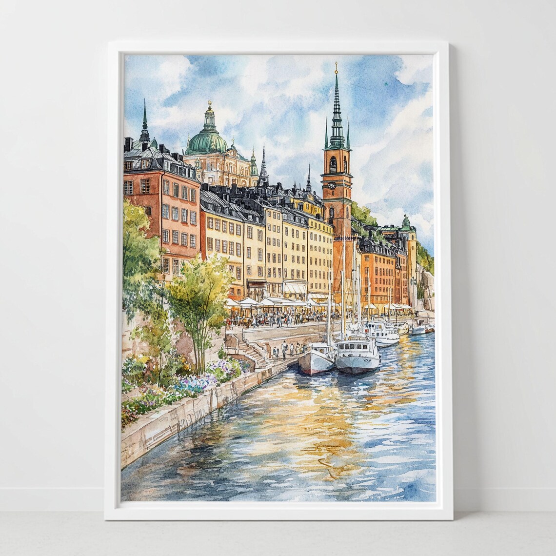 Stockholm Sweden Watercolor Old Town Harbor Travel Art Poster
