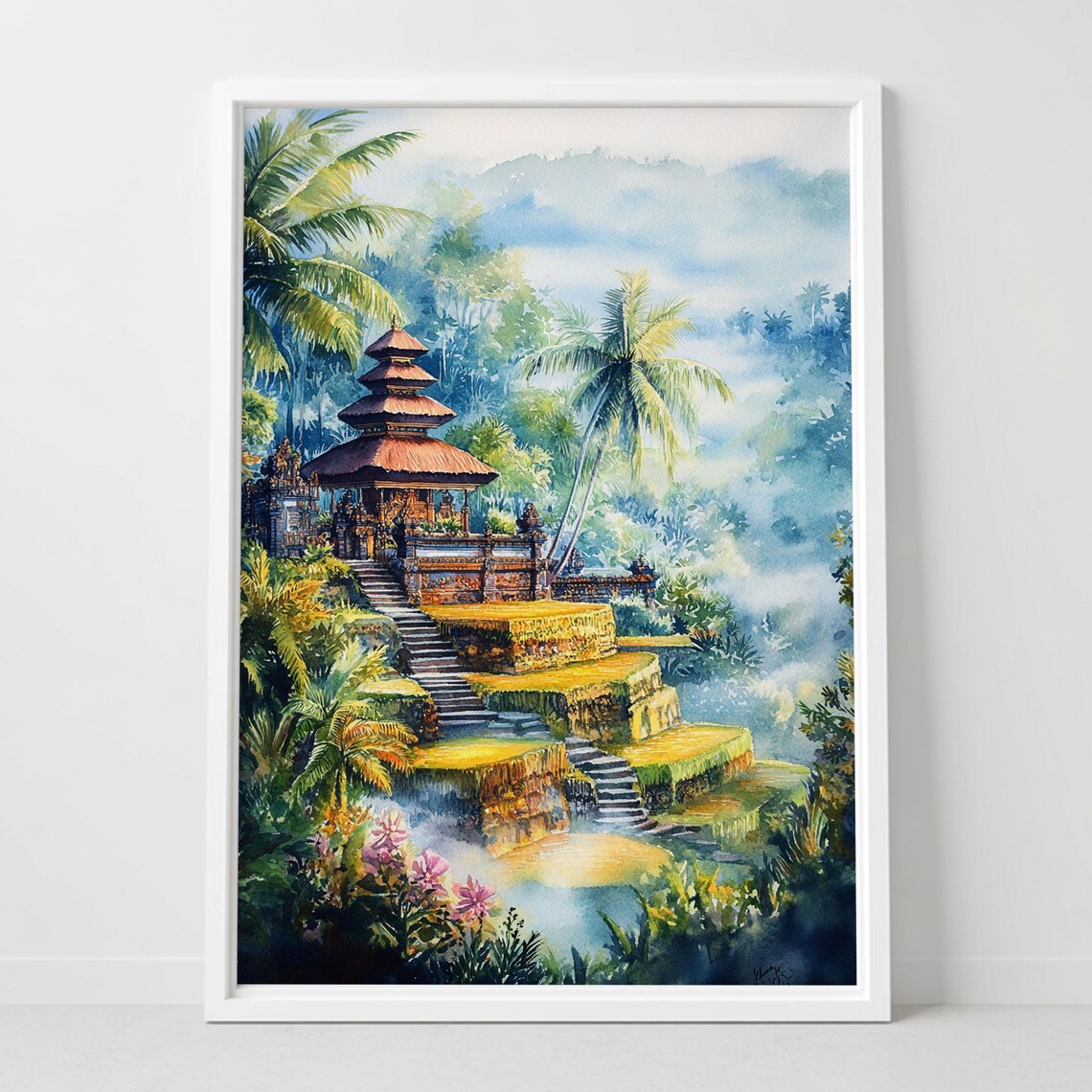Ubud Bali Rice Terraces Temple Tropical Mist Watercolor Poster