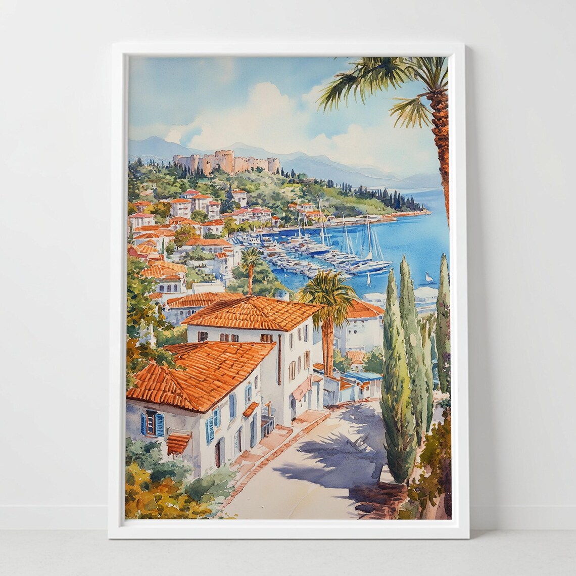 Mediterranean Coastal Town Watercolor Castle Marina Seaside Poster