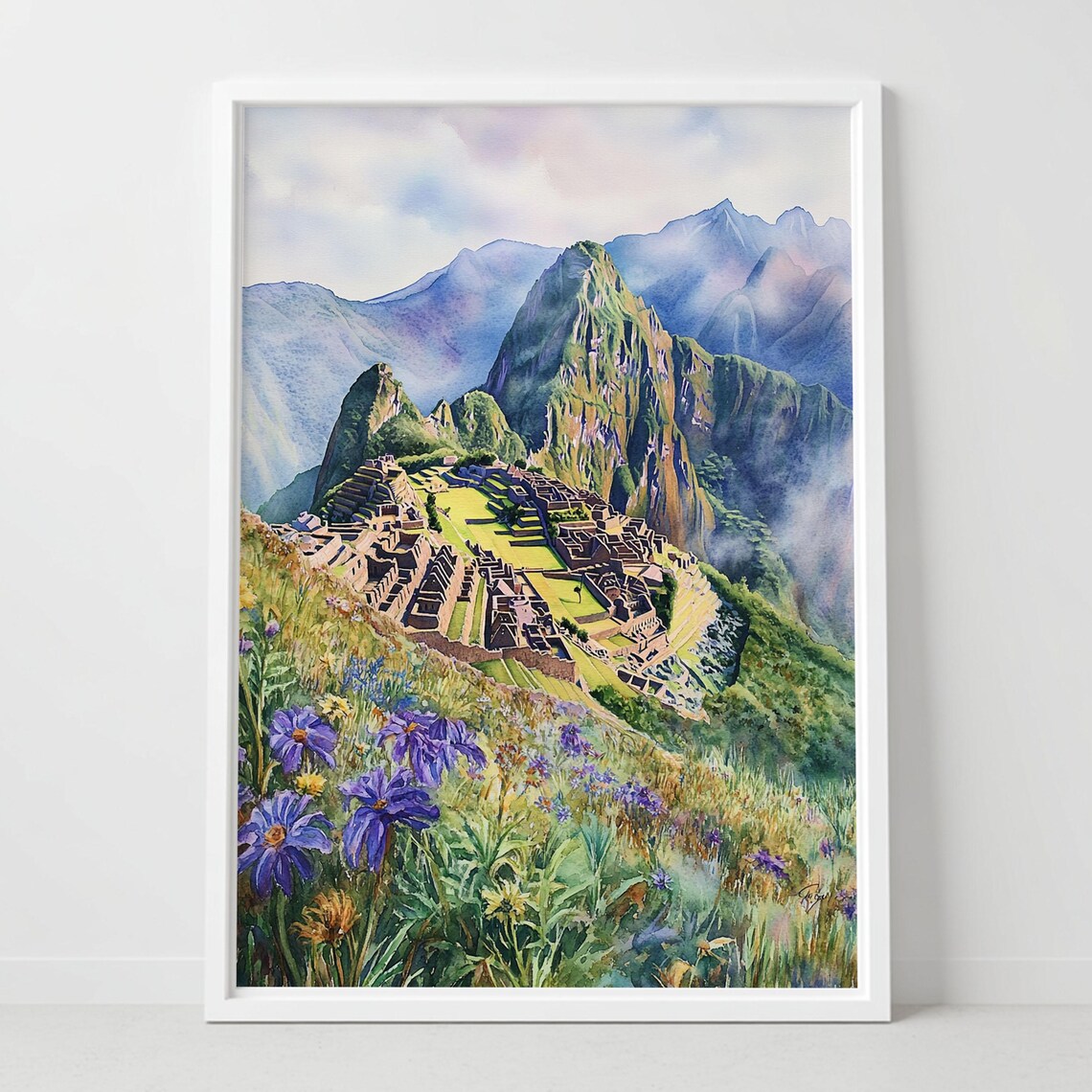 Machu Picchu Peru Ruins Wildflower Watercolor Landscape Poster