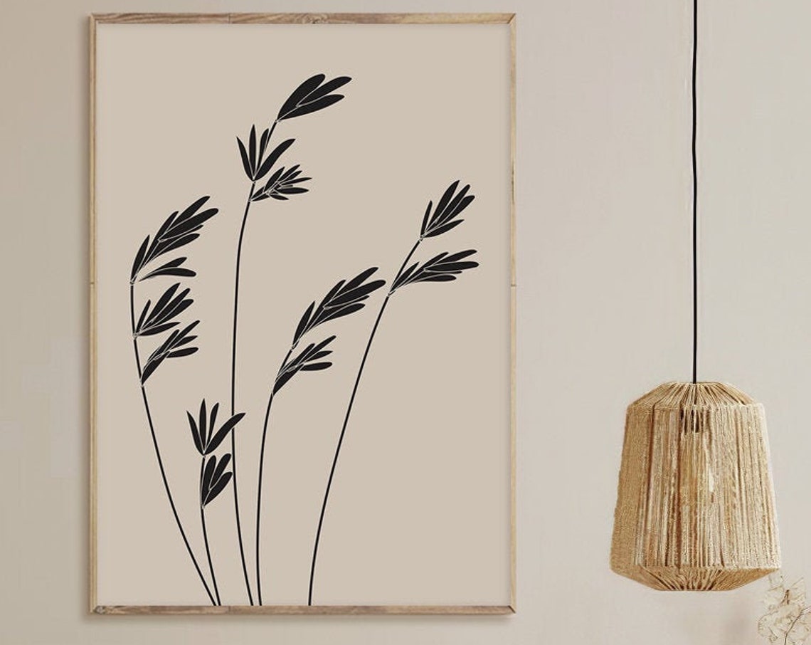 Black Grass Silhouettes Beige Minimal Botanical Line Wall Poster - Image 3
