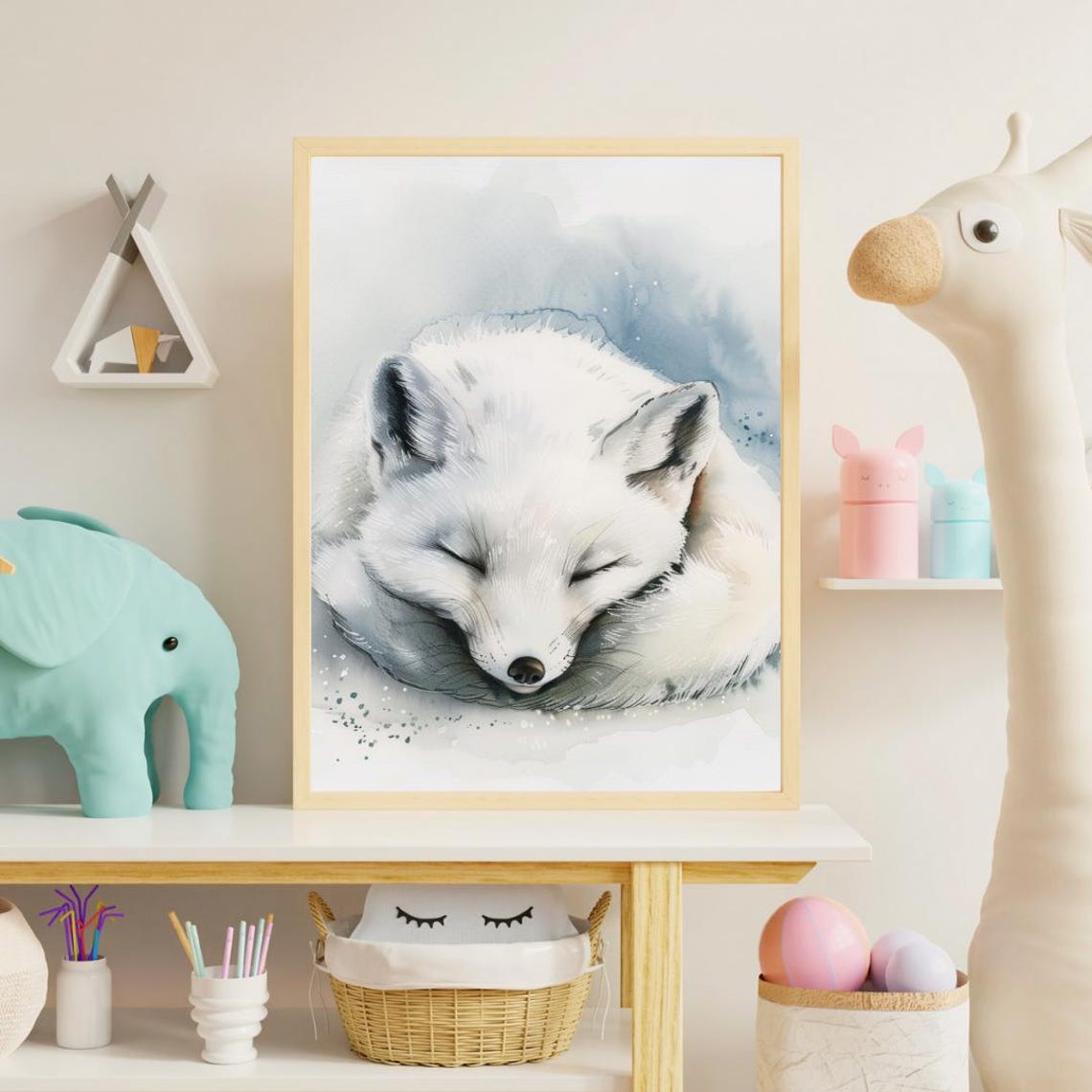 Sleeping Arctic Fox In Snow Winter Watercolor Kids Room Animal Poster - Image 2