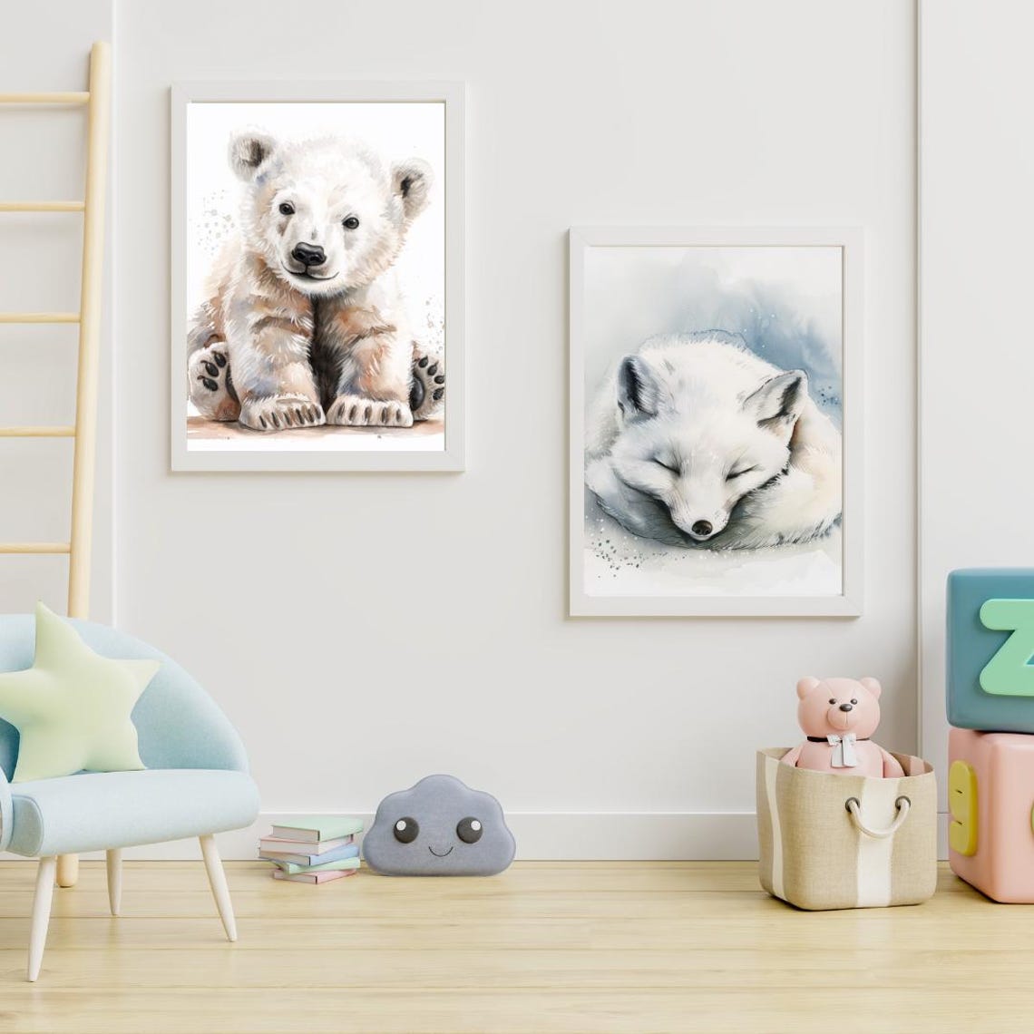 Smiling Polar Bear Cub Watercolor Sitting Cute Arctic Nursery Poster - Image 4