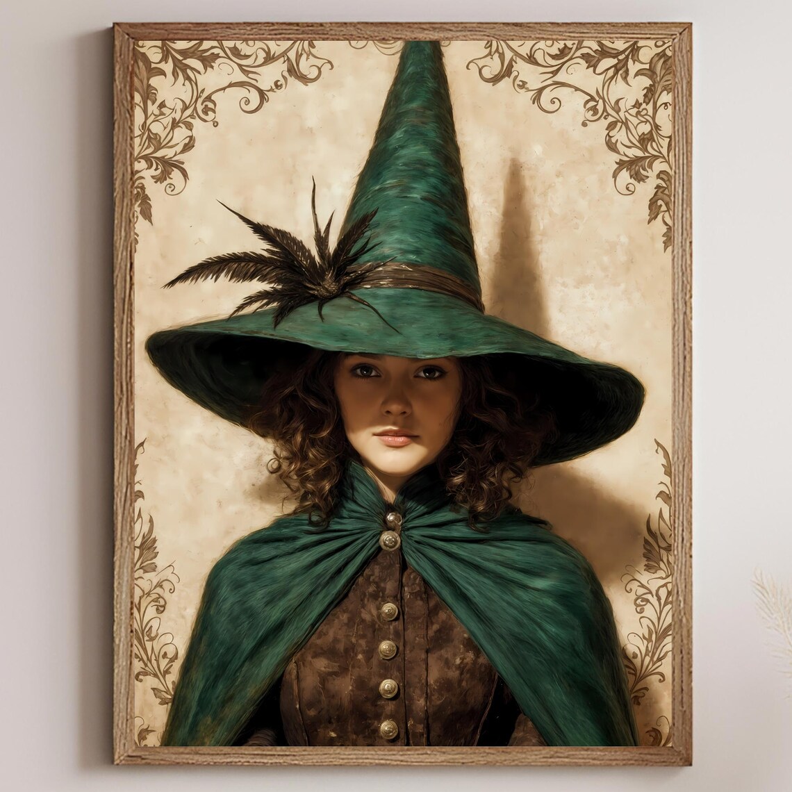 Elegant Witch Portrait In Emerald Green Hat And Cloak Oil Painting Poster