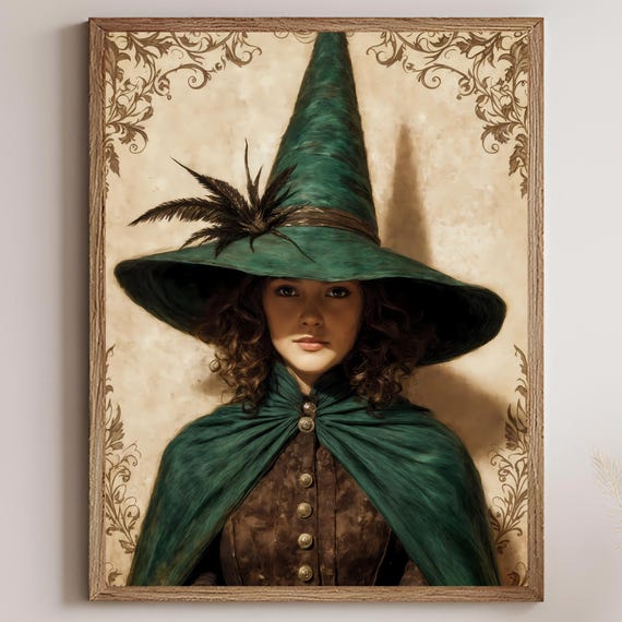 Elegant Witch Wall Art Vintage Fairytale Oil Painting Print Green Hat Halloween Decor Antique Illustration