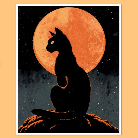 Vintage Halloween Black Cat Print 1950s Retro Spooky Wall Art