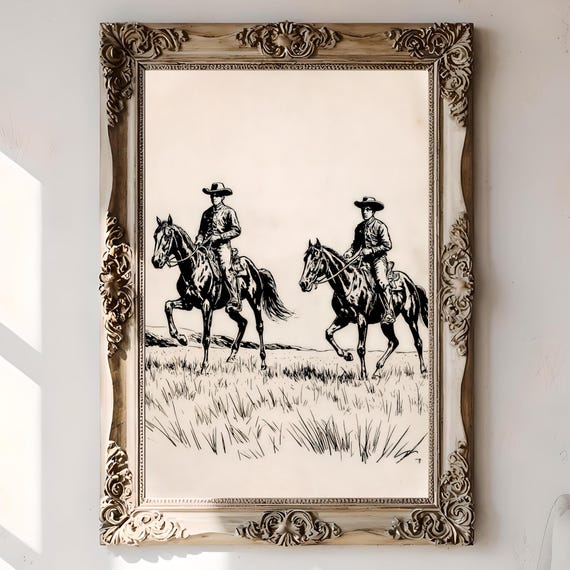Vintage Cowboy Sketch Print Rustic Western Ink Art Two Horse Riders Prairie Wall Decor Old West Minimalist
