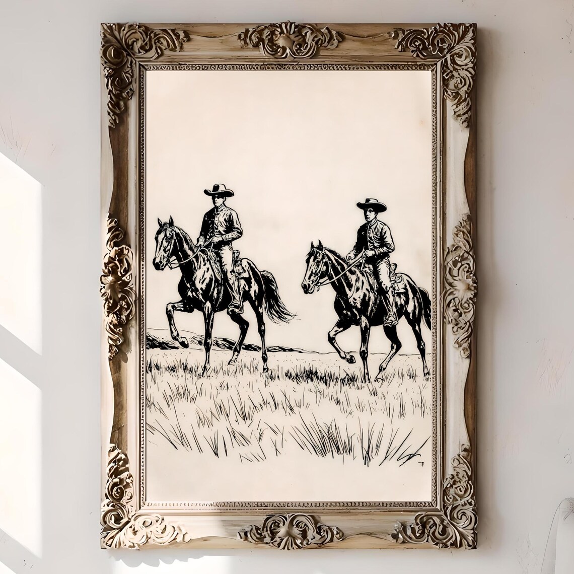 Two Cowboys on Horseback Vintage Ink Sketch Western Art Poster