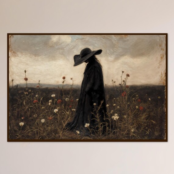 Witch Wall Art Dark Academia Halloween Portrait Gothic Cloaked Figure Painting Moody Vintage Decor