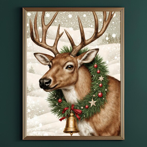 Reindeer Stag Wreath Bell Snowy Christmas Portrait Holiday Poster