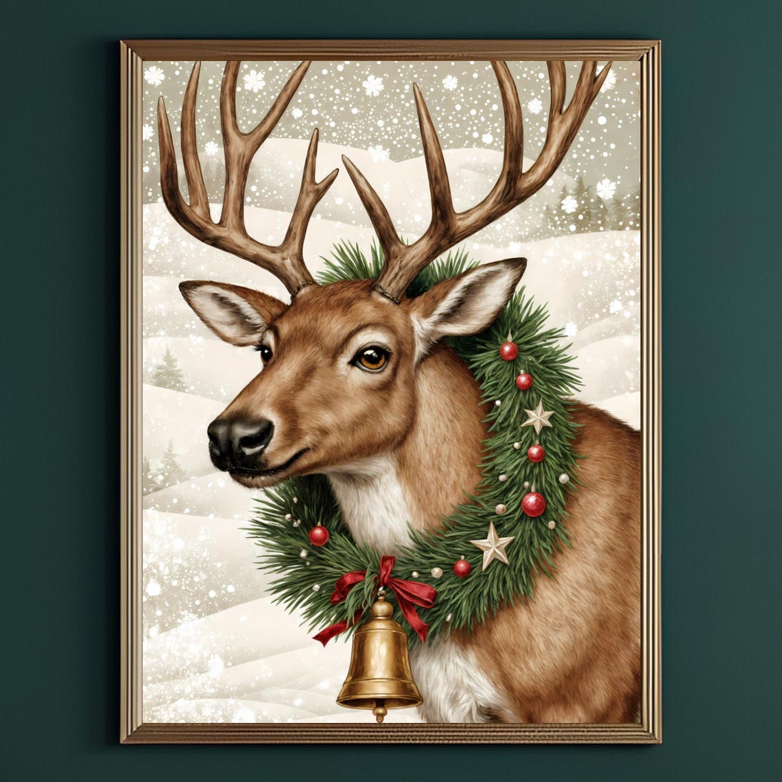 Reindeer Stag Wreath Bell Snowy Christmas Portrait Holiday Poster