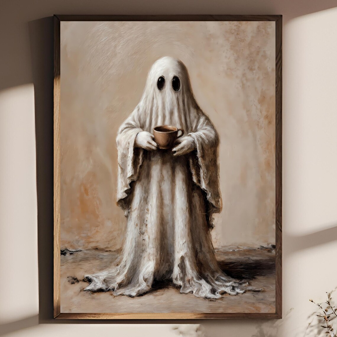 Cute Ghost Holding Coffee Cup Vintage Oil Painting Style Halloween Poster