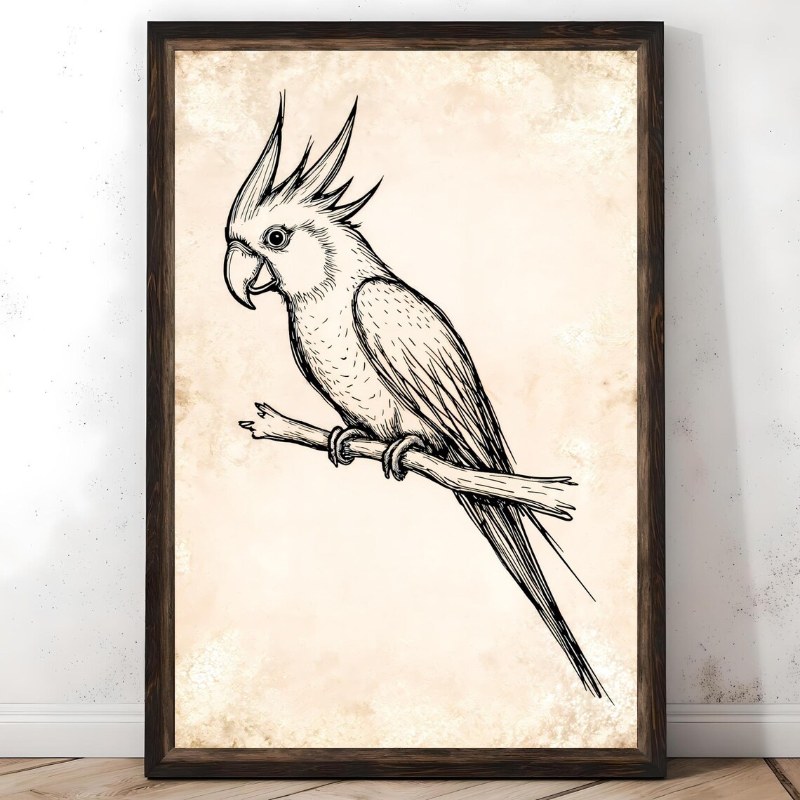 Vintage Cockatoo Sketch Ink Drawing Bird Art Rustic Wall Poster