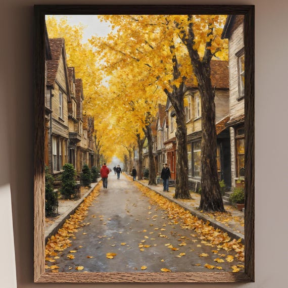 Autumn Village Street Poster Oil Painting Style Houses Trees People Cats Wall Art Canvas Print