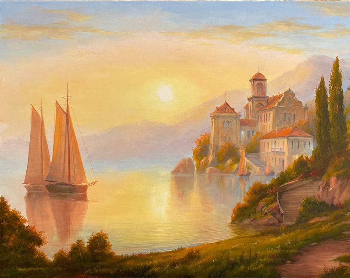 Lake Como Oil Painting Original Sunset Over Lake Wall Art Italy Landscape Oil Painting On Sunset Artwork Italy Coast Painting