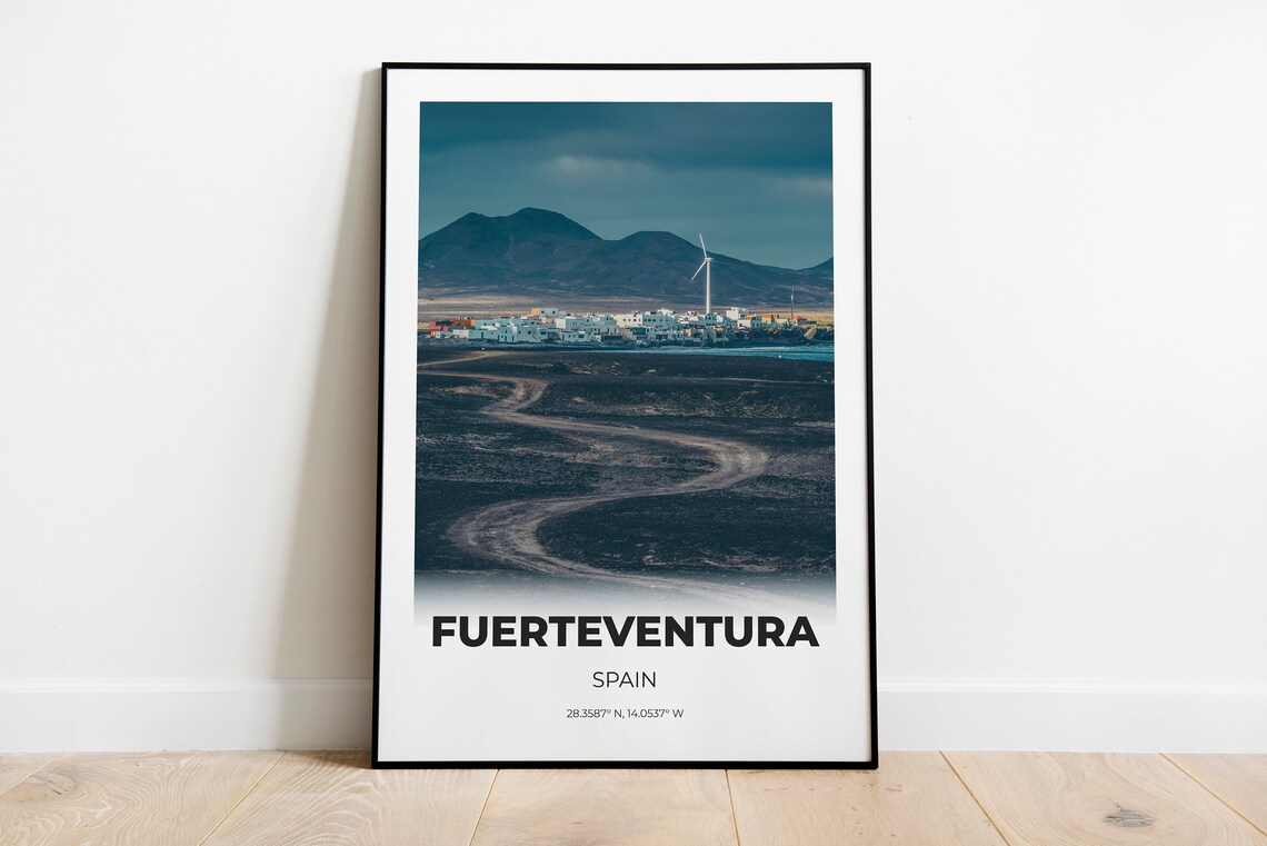 Fuerteventura Spain Dark Volcano Village Wind Turbine Photo Print