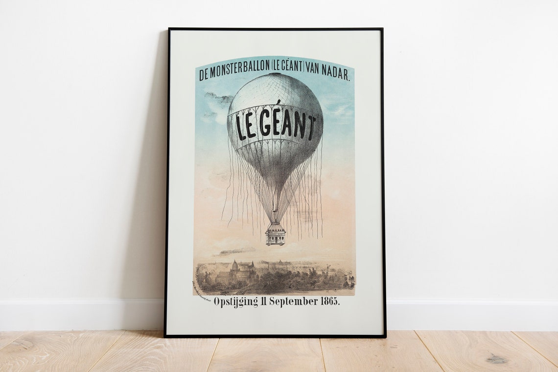 Nadar Le Geant Giant Hot Air Balloon Vintage 1865 Dutch Poster