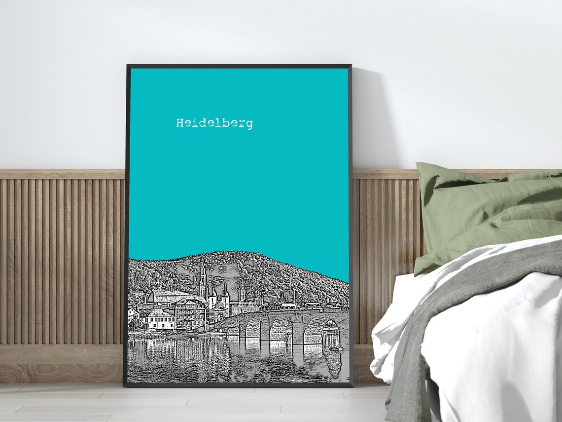 Heidelberg Teal Pop Art Old Bridge Castle Hill Sketch Print Decor - Image 4