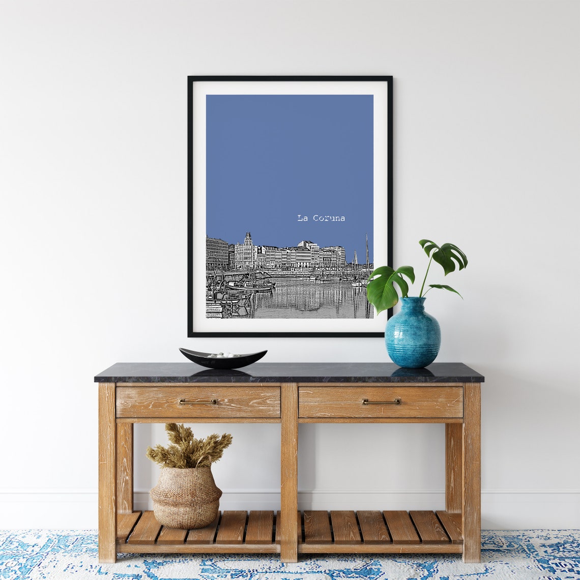 La Coruna Spain Harbor Color Block Poster With Custom Sky Color - Image 2
