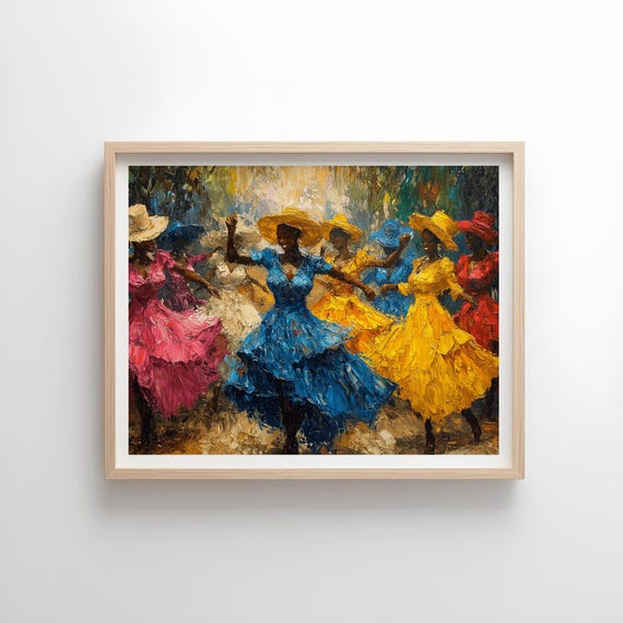 Colorful Dancing Women Vibrant Afro Caribbean Festival Art Joyful Boho Wall Decor Expressive Oil Painting