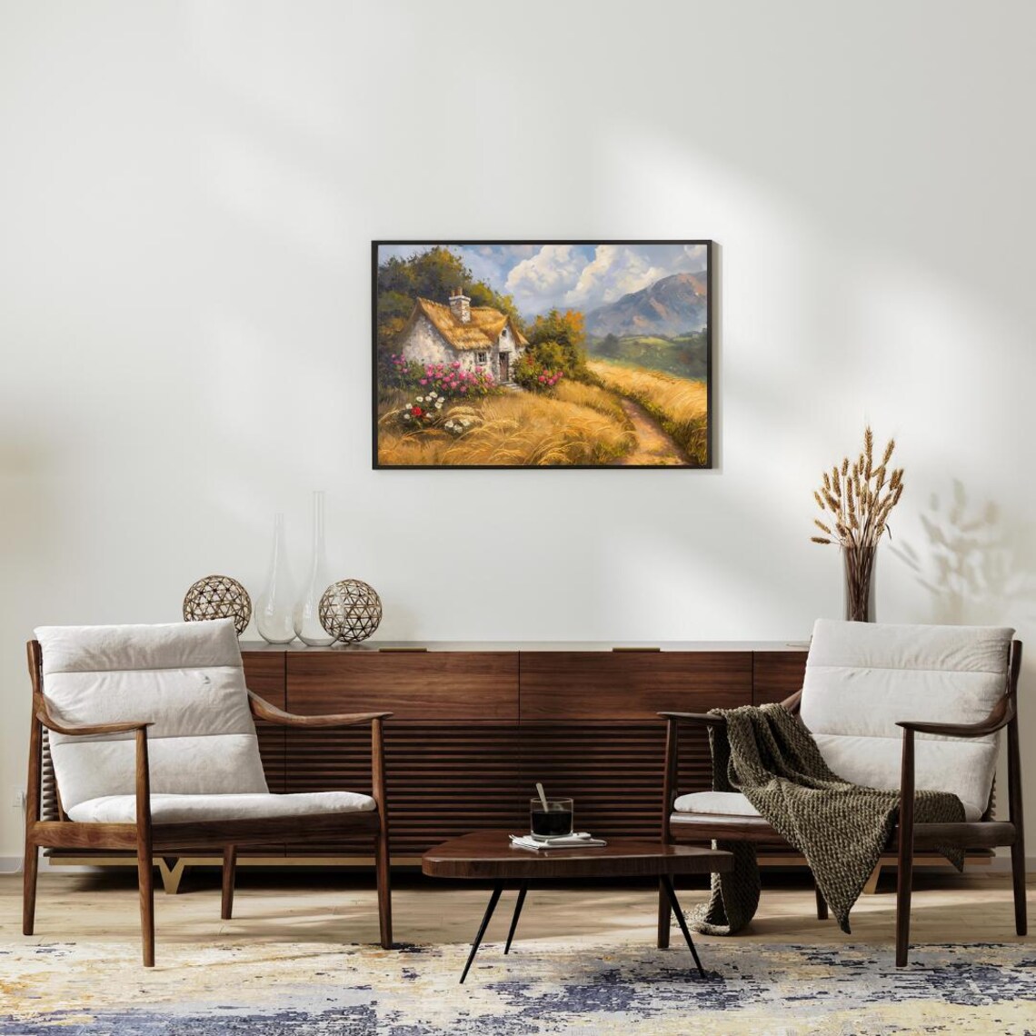 Mountain Cottage in Wheat Field, Rustic Landscape - Image 2