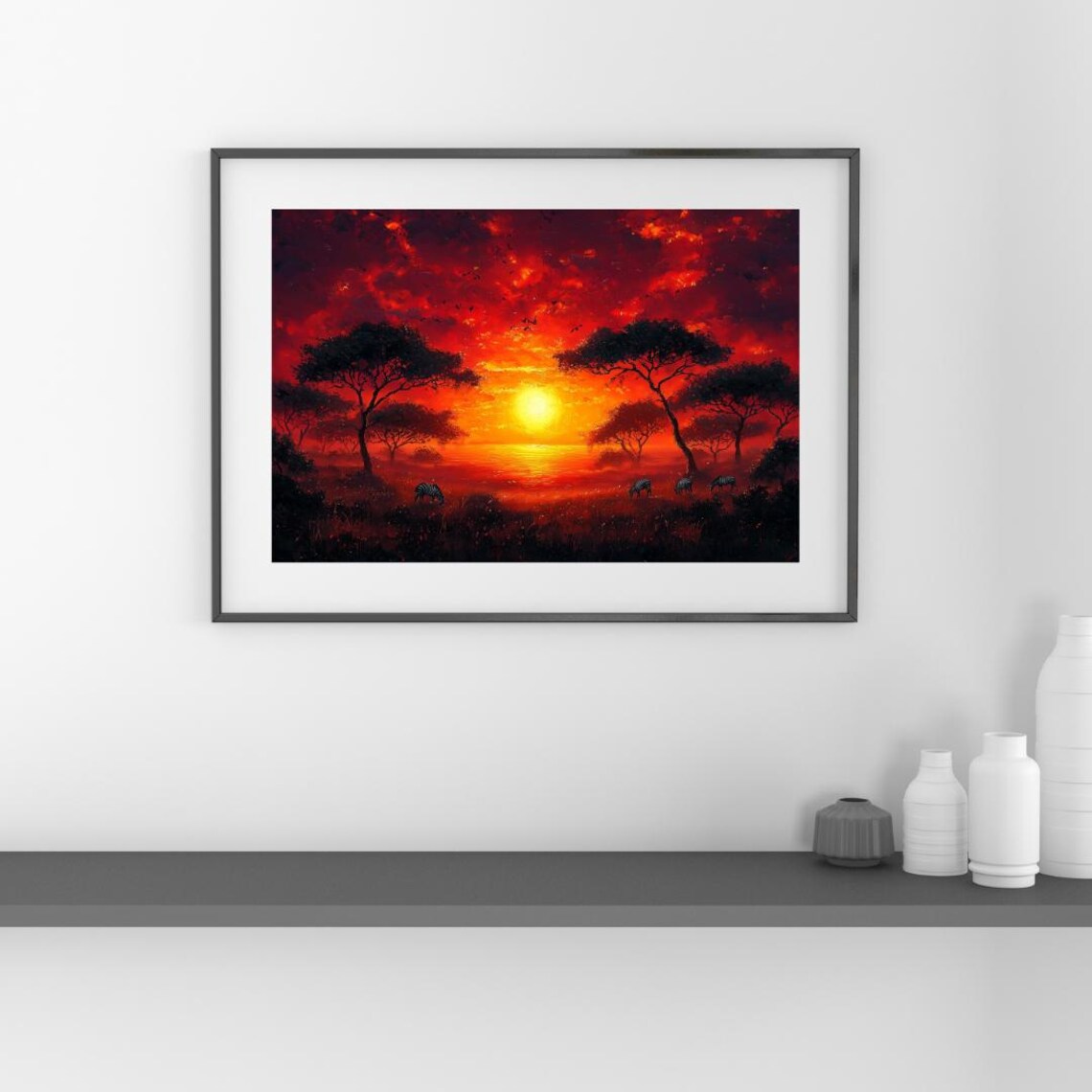 African Savannah Sunset Acacia Trees Grazing Zebras Warm Orange Travel Poster - Image 3