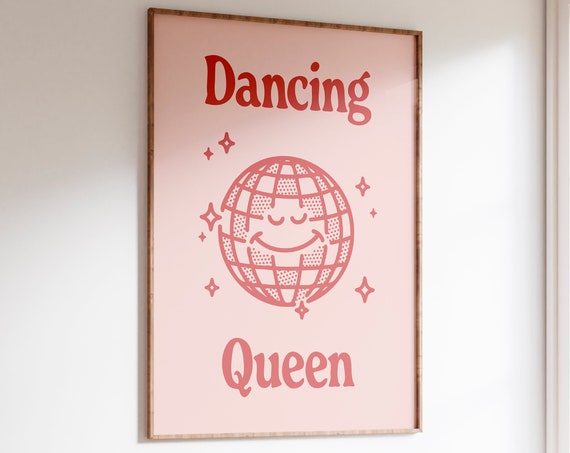Retro Quote Print Dancing Queen Wall Art Vintage Disco Print Retro Cartoon Character Poster Red And Pink Art Trendy Wall Art Cute Art