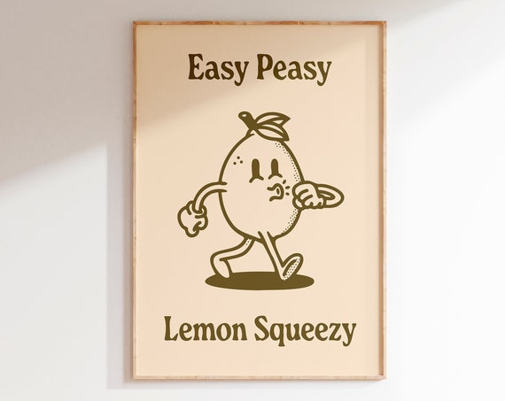 Easy Peasy Lemon Squeezy Print Retro Cartoon Character Poster Motivational Wall Art Vintage 70s Art Funny Retro Quote Lemon Vintage Art